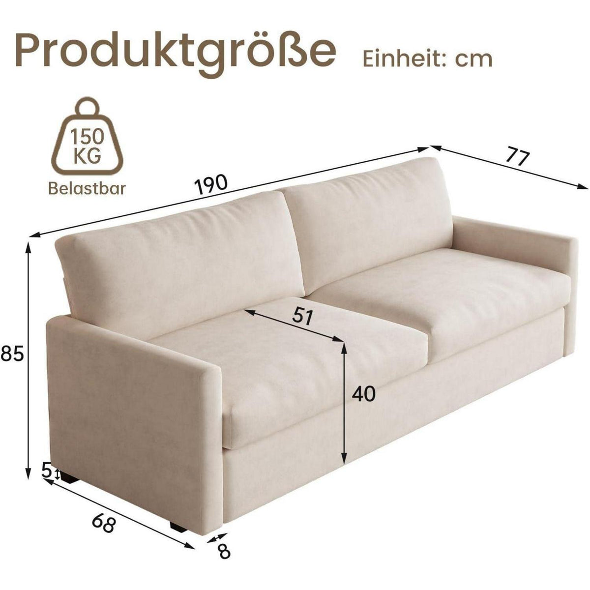 3-Sitzer Stoffsofa Cremeweiß – Modernes Wohnzimmer Sofa