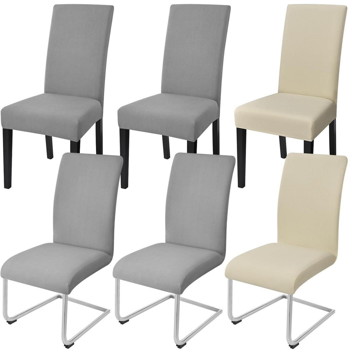 Elastische Stuhlhussen 6er Set - Hellgrau & Beige