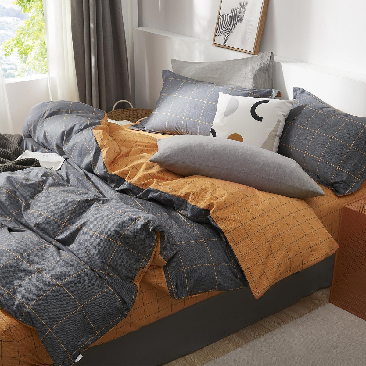 Bettwäsche-Set Grau Orange Karomuster 200x220 cm Baumwolle