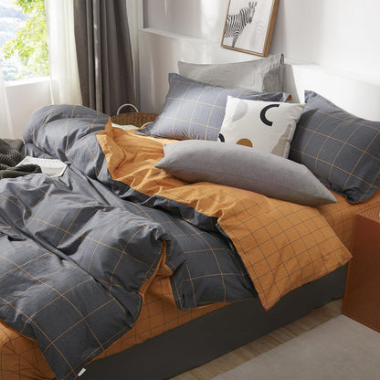 Bettwäsche-Set Grau Orange Karomuster 200x220 cm Baumwolle