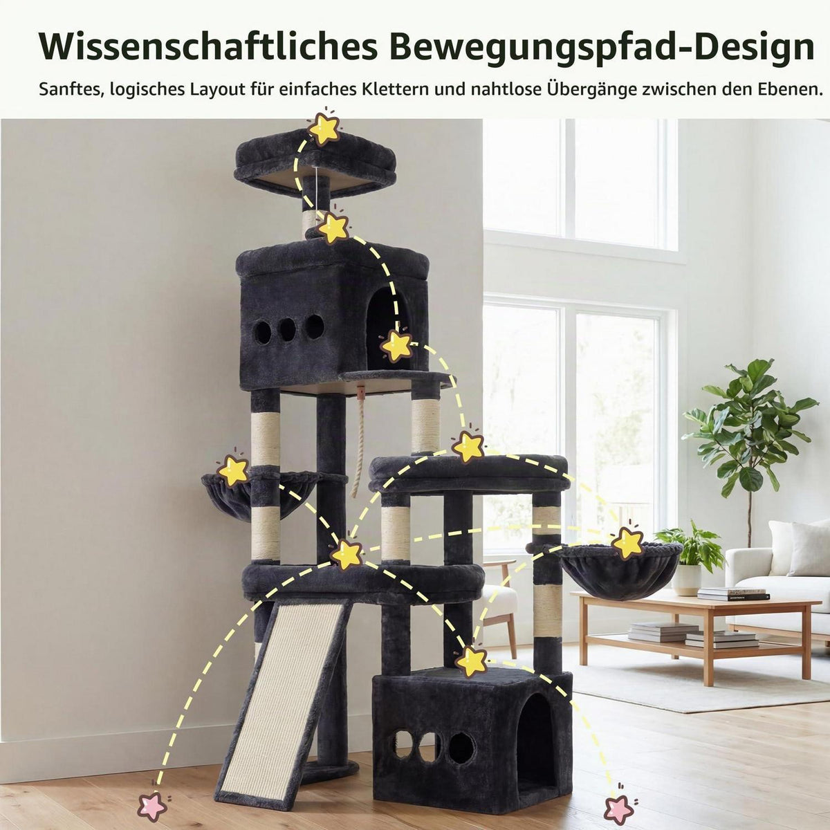 Großer Kratzbaum Rauchgrau für Wohnungskatzen mit Höhle
