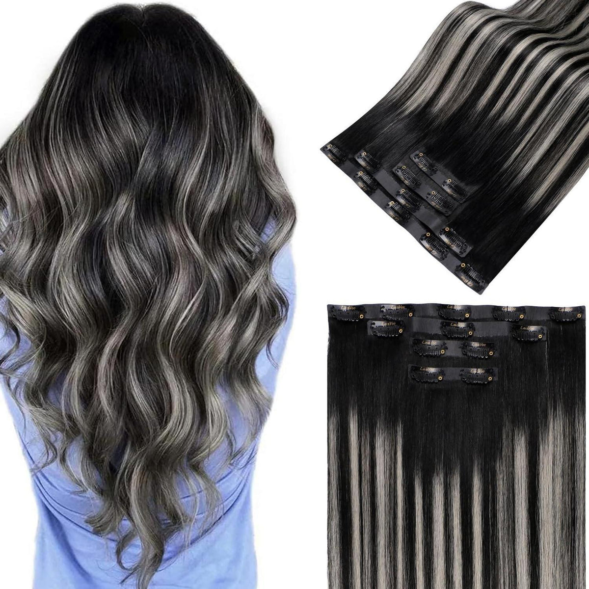 Clip in Haarverlängerung Echthaar Schwarz Silber 55cm