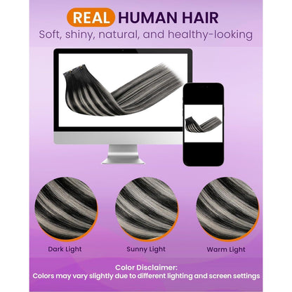 Clip in Haarverlängerung Echthaar Schwarz Silber 55cm