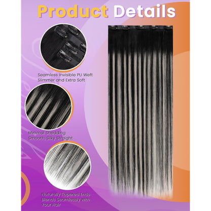 Echthaar Clip-in Extensions Schwarz Silber Ombre 45cm