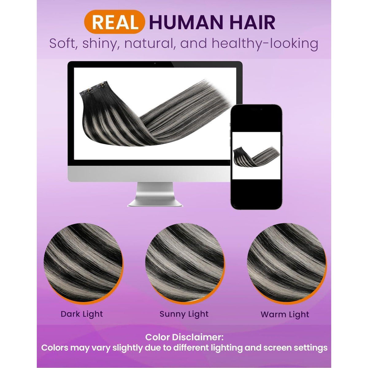 Echthaar Clip-in Extensions Schwarz Silber Ombre 45cm