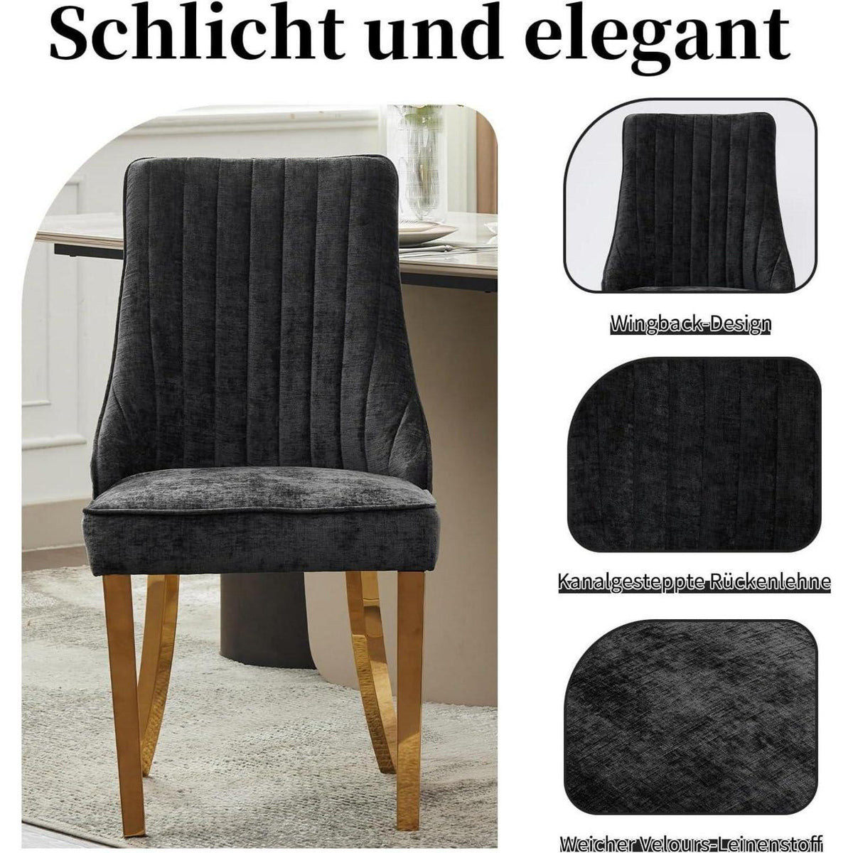 Bequeme Esszimmerstühle 4er Set mit Stoffbezug & Goldbeinen
