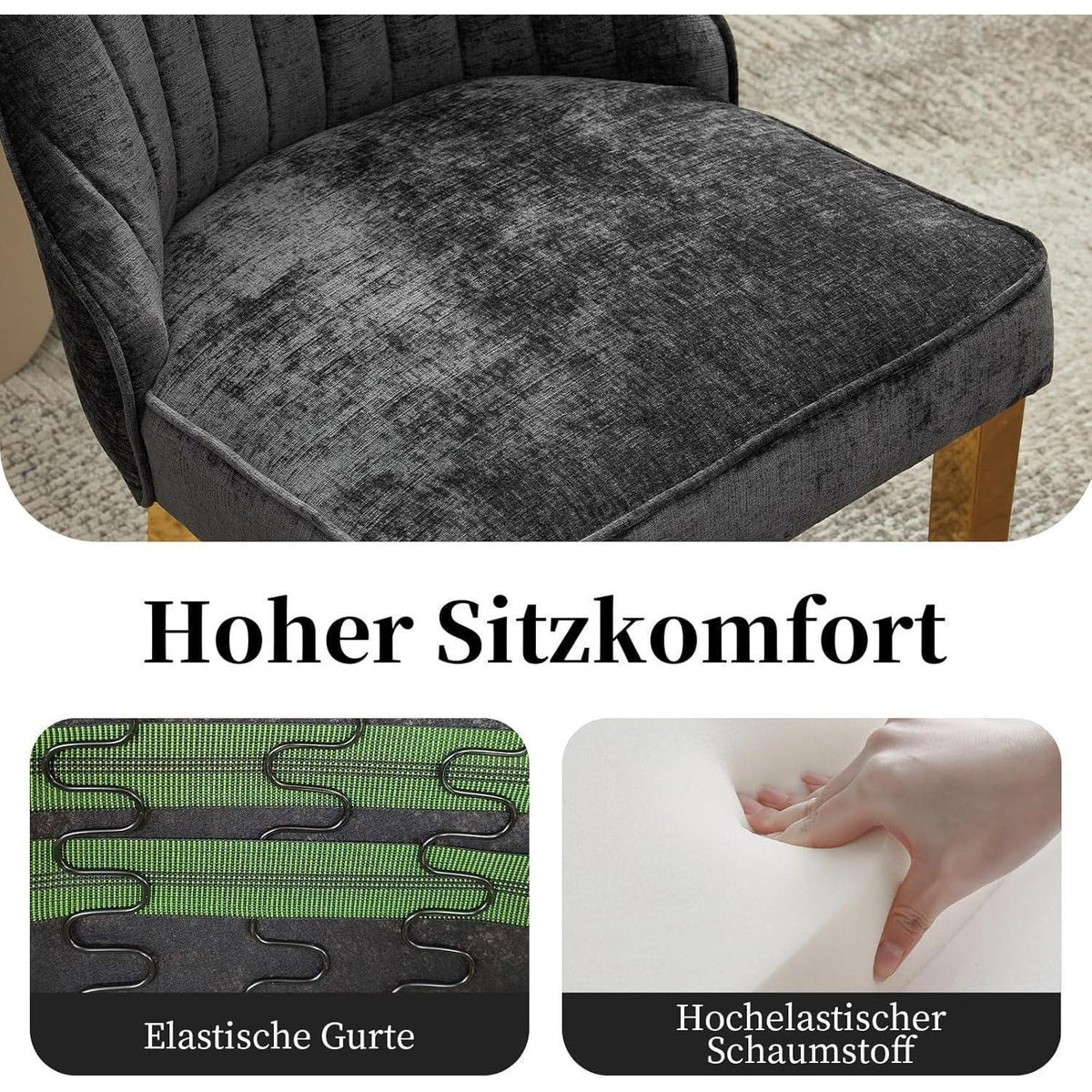 Bequeme Esszimmerstühle 4er Set mit Stoffbezug & Goldbeinen