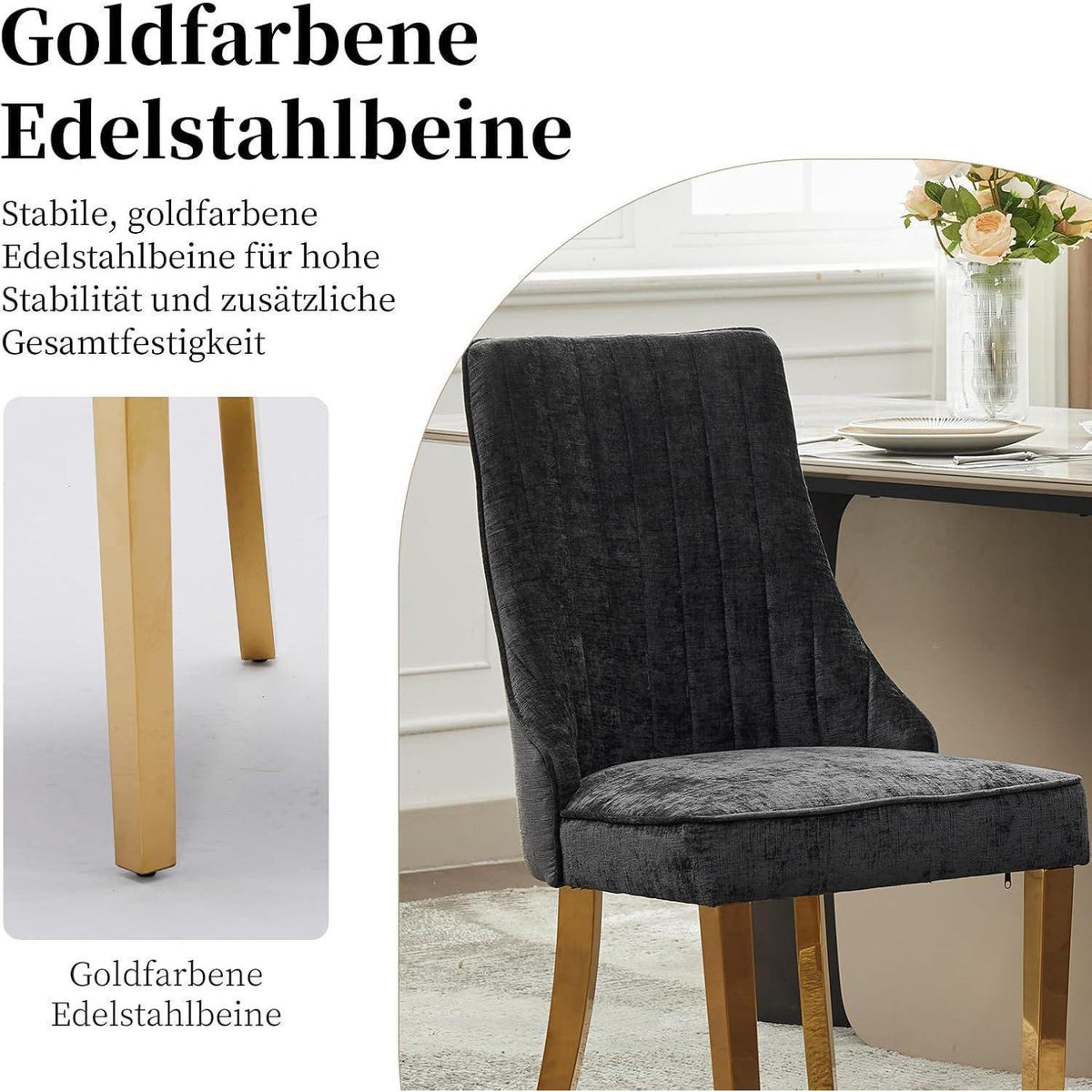 Bequeme Esszimmerstühle 4er Set mit Stoffbezug & Goldbeinen