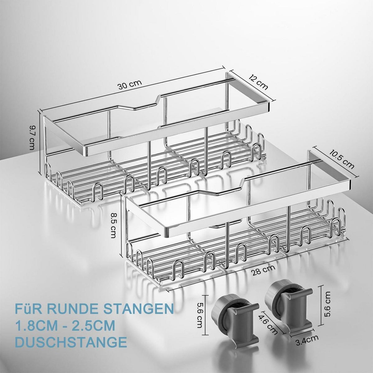 Duschablage 2er-Set für runde Stange – mit 24 Haken & viel Stauraum