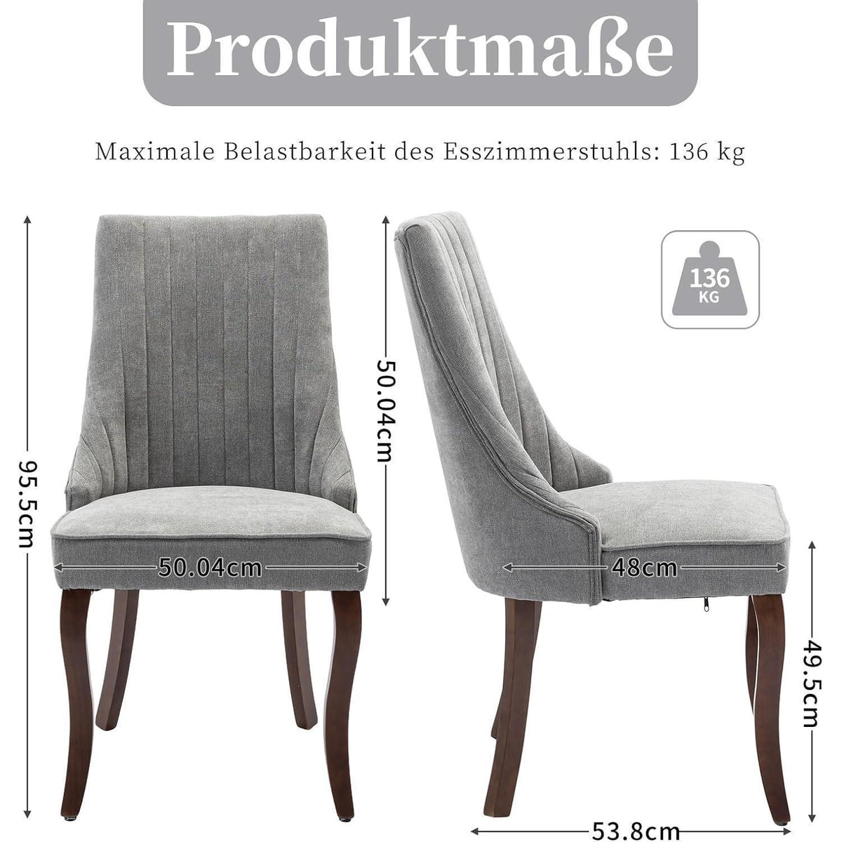 Esszimmerstühle Set 4 Grau, Bequeme Polsterstühle mit Holzbeinen