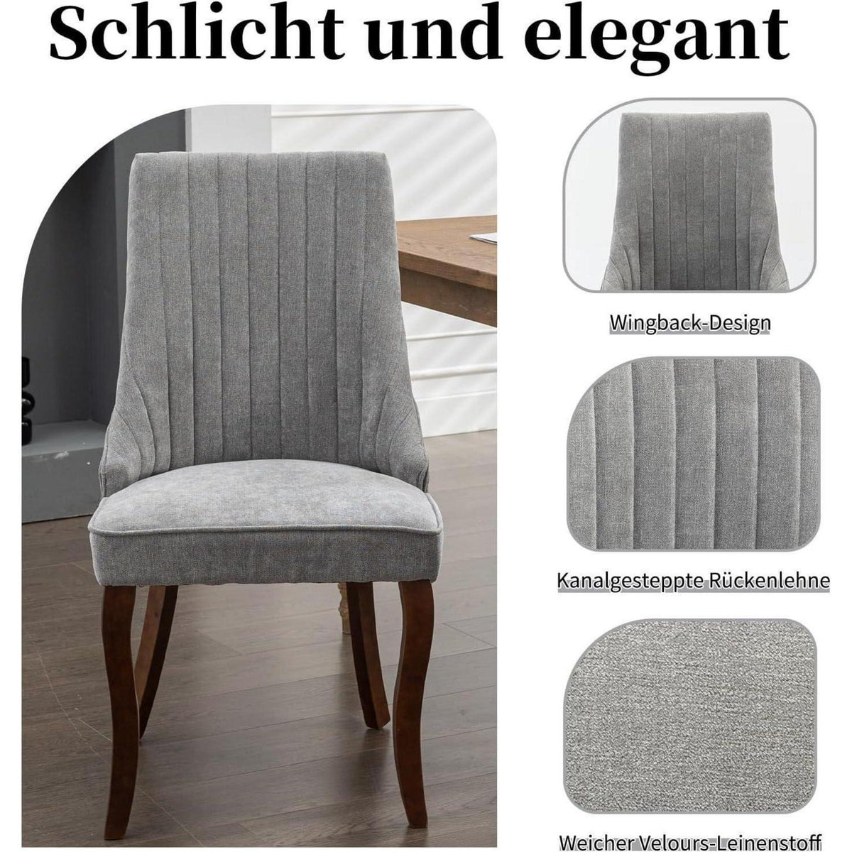 Esszimmerstühle Set 4 Grau, Bequeme Polsterstühle mit Holzbeinen