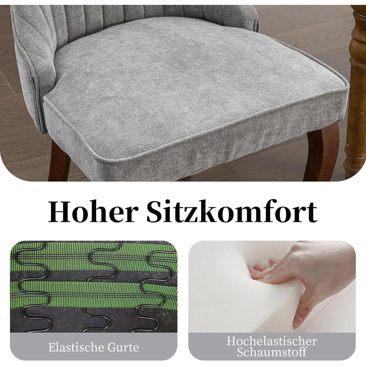 Esszimmerstühle Set 4 Grau, Bequeme Polsterstühle mit Holzbeinen
