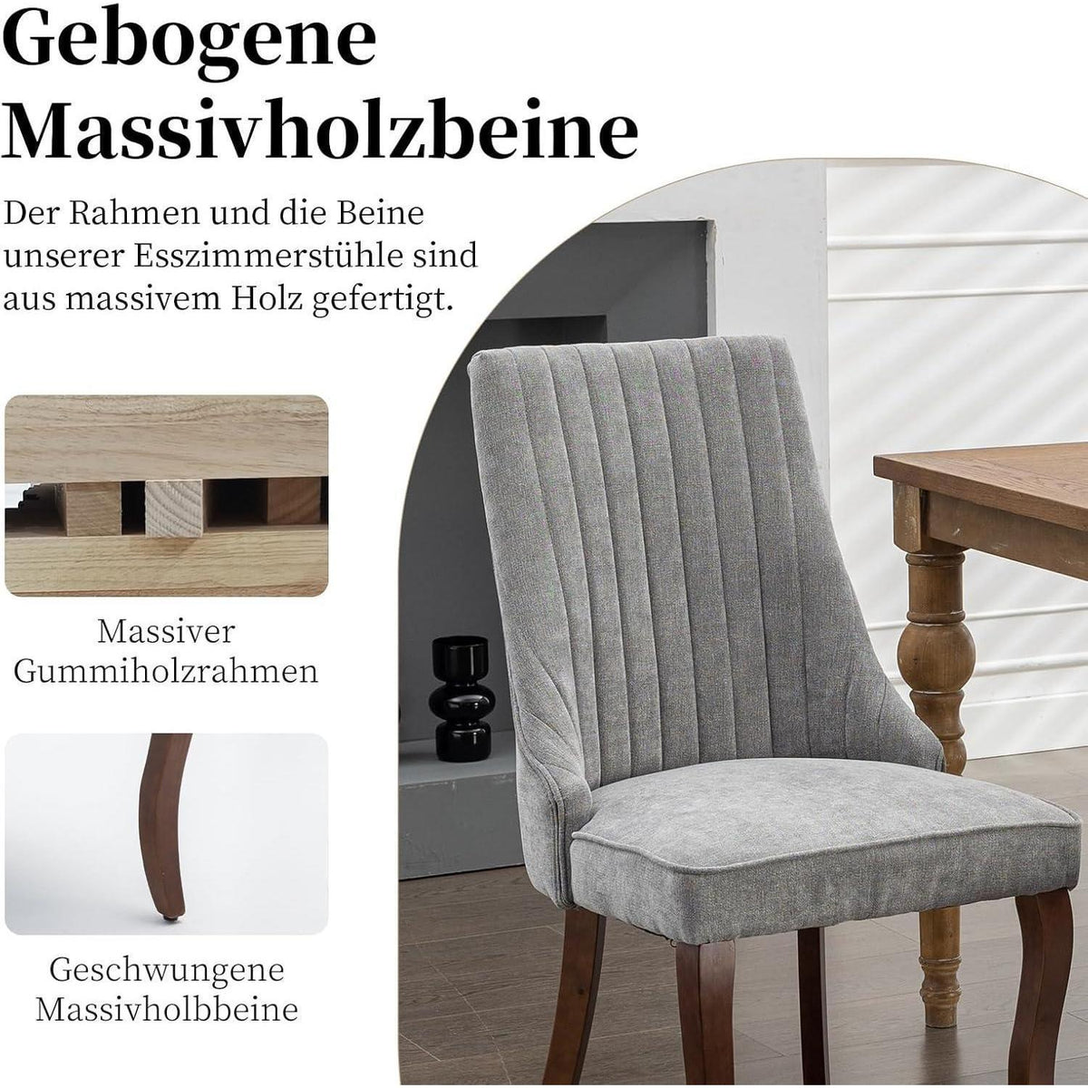 Esszimmerstühle Set 4 Grau, Bequeme Polsterstühle mit Holzbeinen