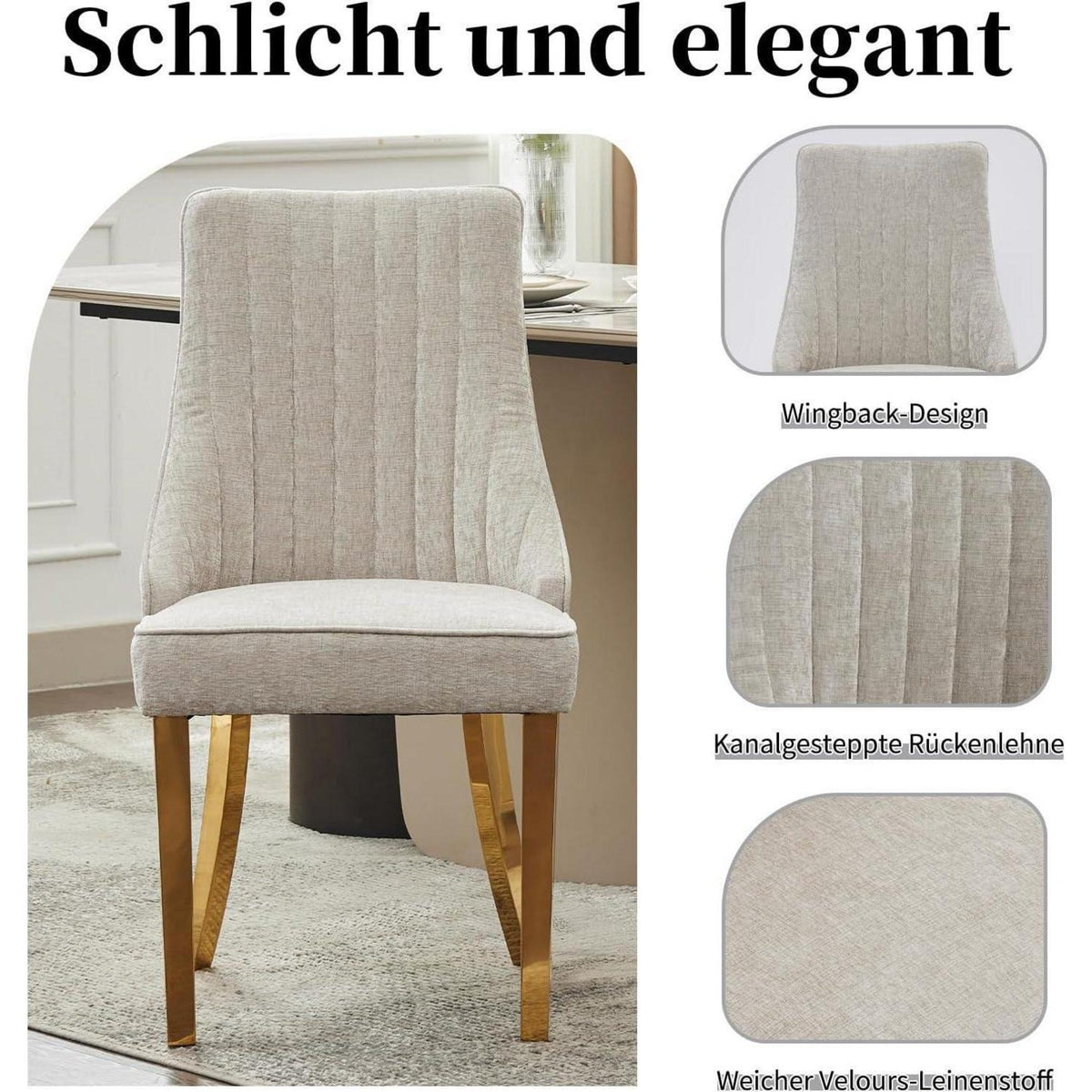 Esszimmerstühle 6er Set, Beige, Goldene Edelstahlbeine