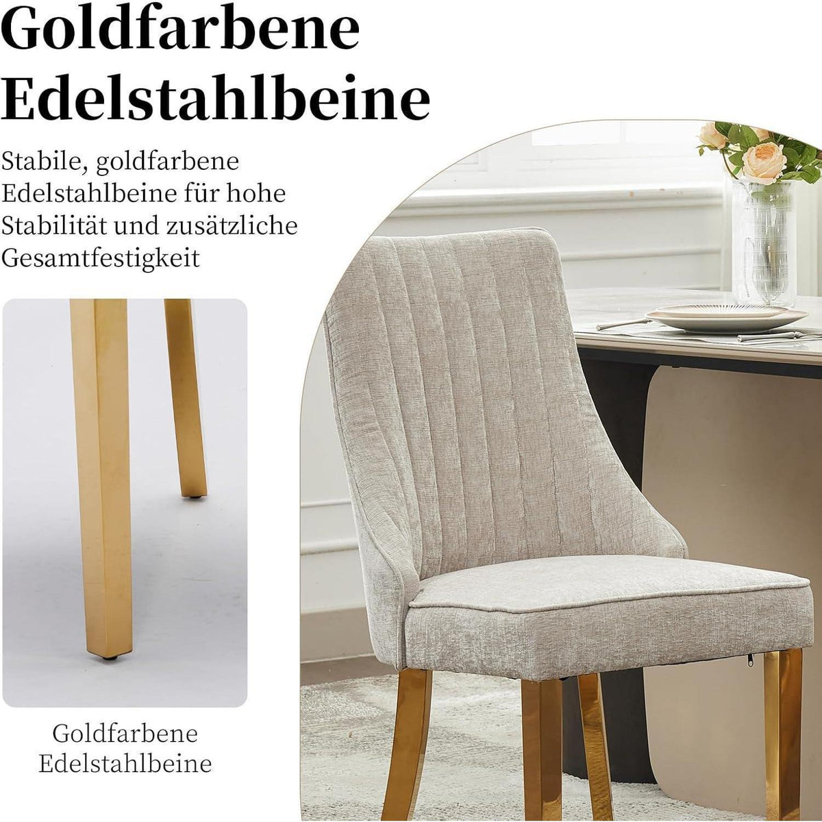 Esszimmerstühle 6er Set, Beige, Goldene Edelstahlbeine