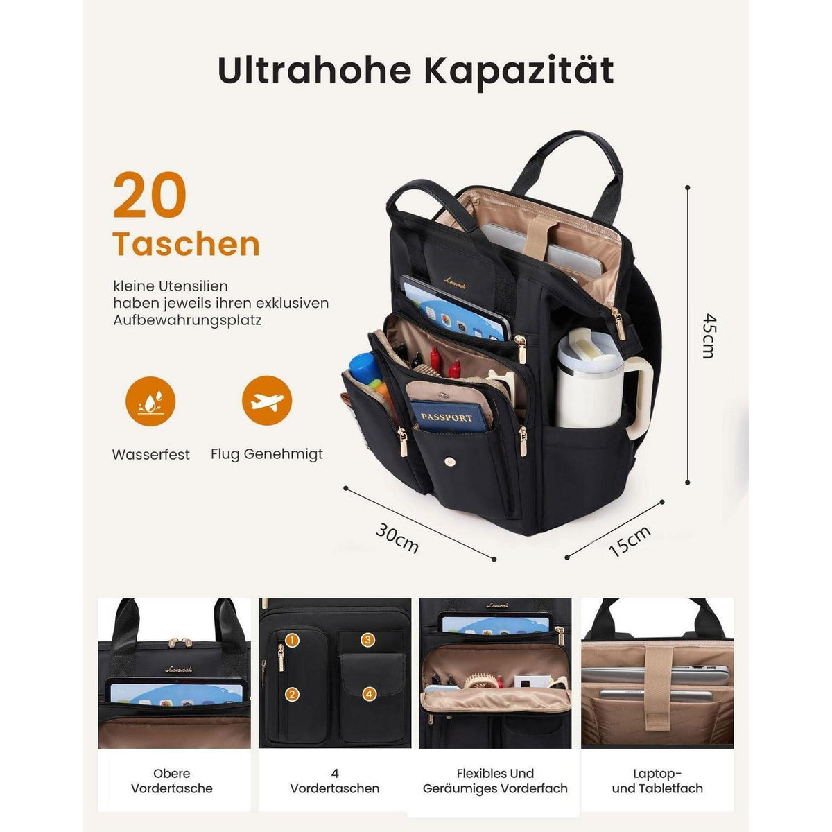 Laptop Rucksack Damen 17,3 Zoll Wasserdicht mit 20 Taschen