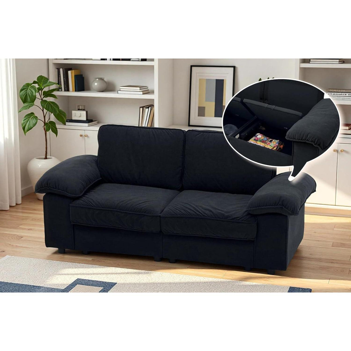 2-Sitzer Couch Schwarz mit Stauraum & Velvet