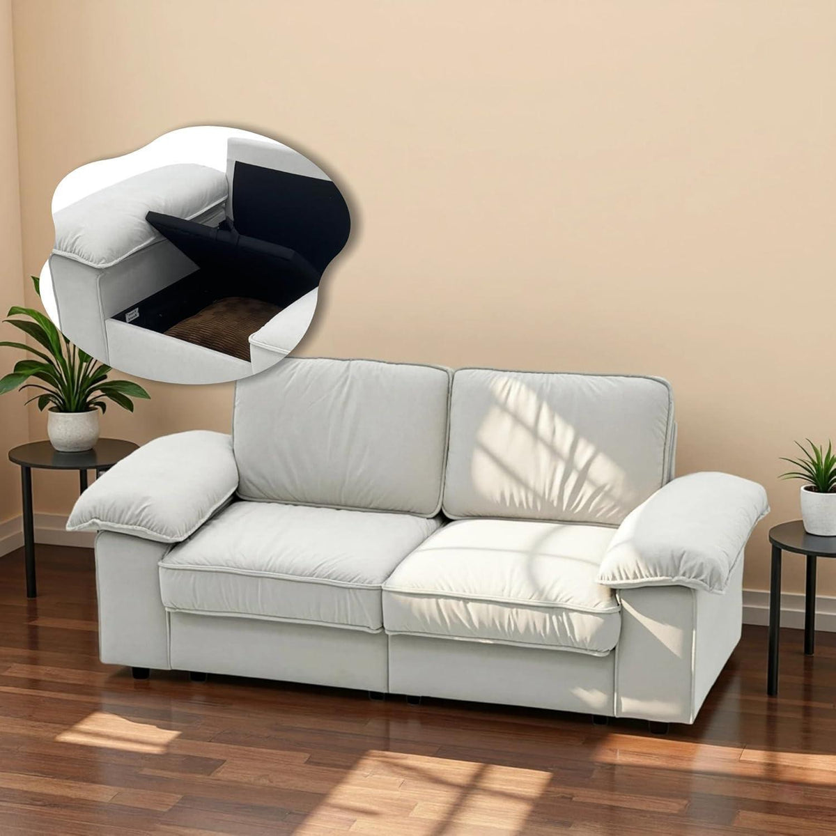 2-Sitzer Couch mit Stauraum & Velvet – Beige