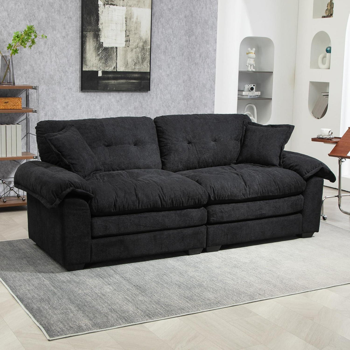 Modernes 2-Sitzer Sofa Schwarz – Chenille Lounge Sofa