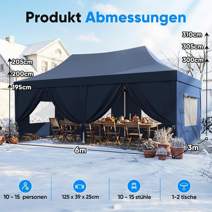 Faltpavillon 3x6m wasserdicht – Partyzelt mit Seitenwänden & UV-Schutz