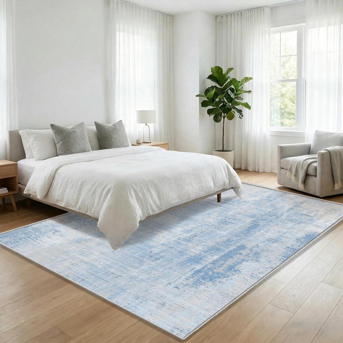 Blauer Teppich 160x230cm – Waschbar, Modern, Kurzflor & Rutschfest