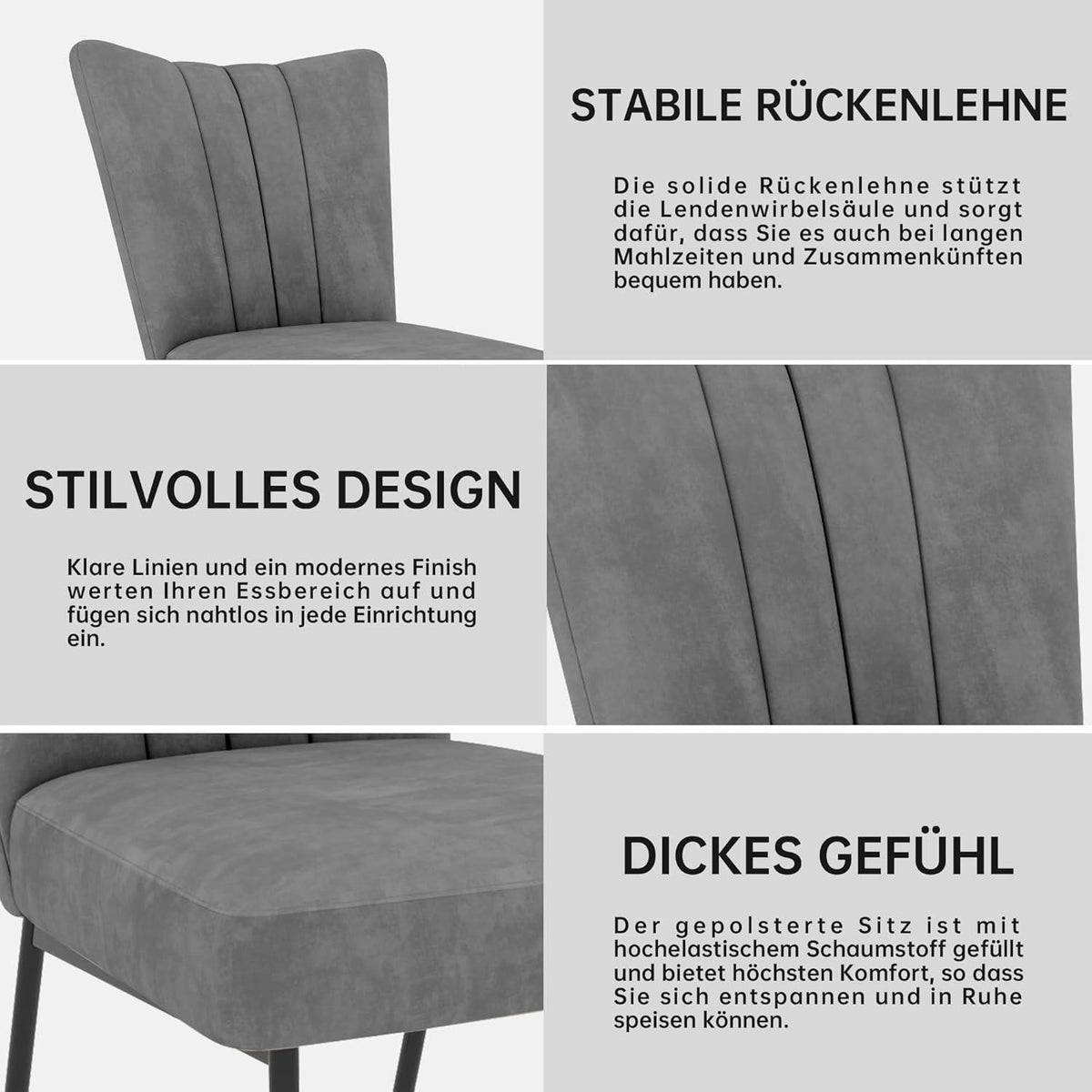Samt Esszimmerstühle Set 2 Grau – Komfortable Küchenstühle