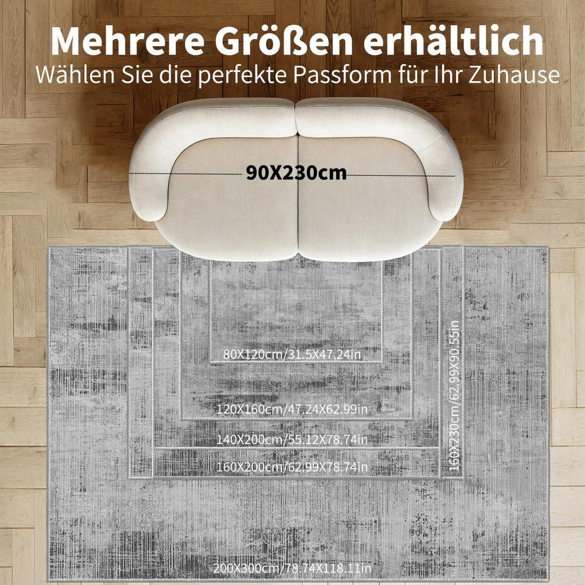 Grauer Teppich 200x300cm – Moderner Kurzflor Wohnteppich