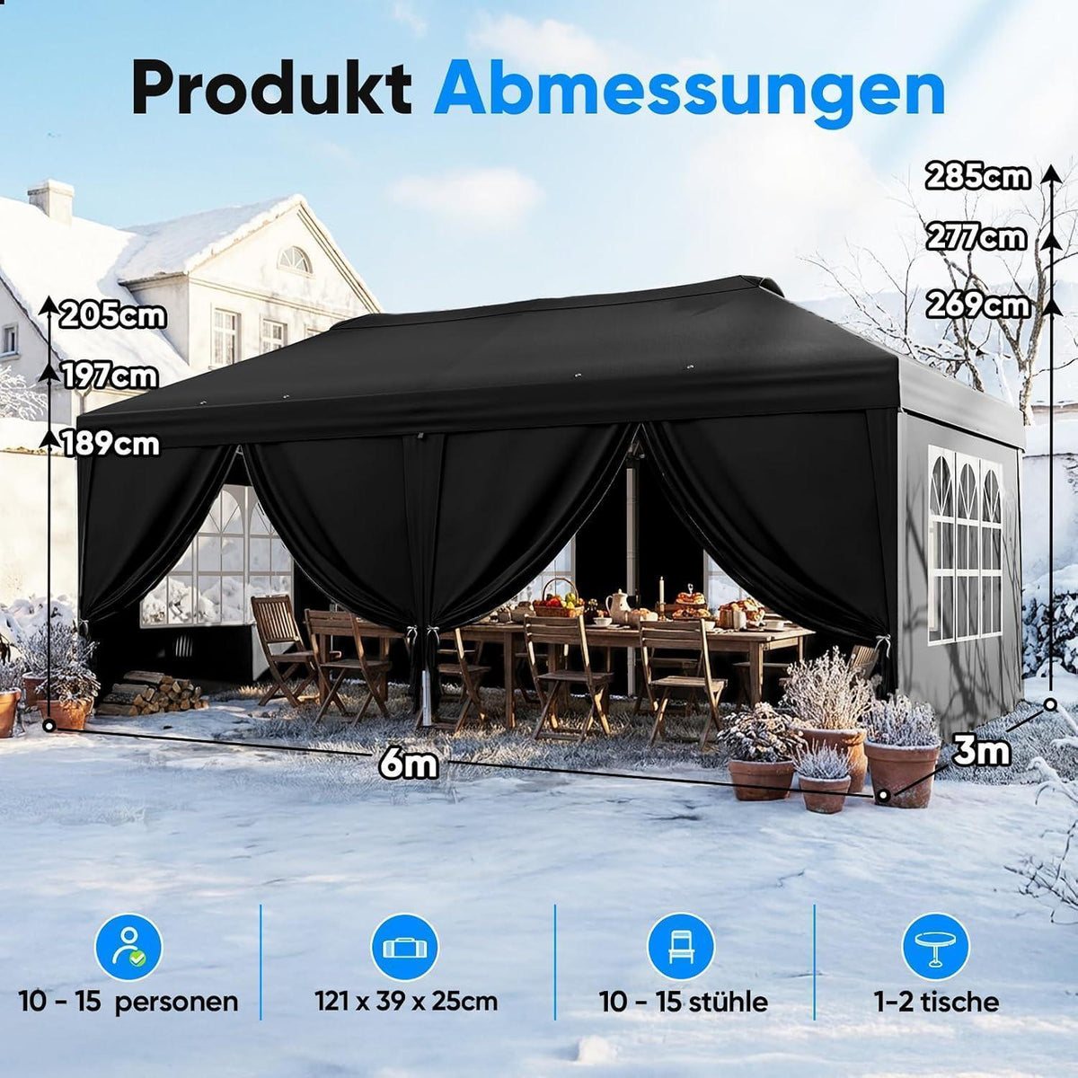 Faltpavillon 3x6m mit Seitenwänden & UV-Schutz