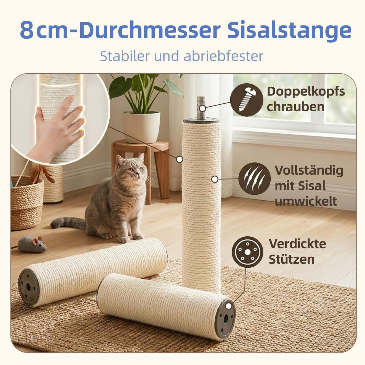 Kratzbaum für große Katzen – Sisal 8cm, Hellgrau