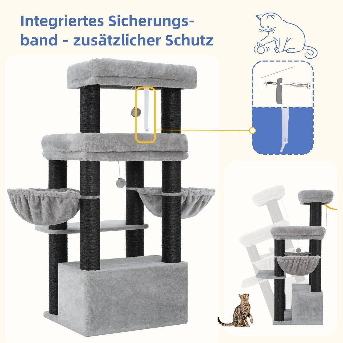 Kratzbaum für große Katzen – Sisal 8cm, Hellgrau