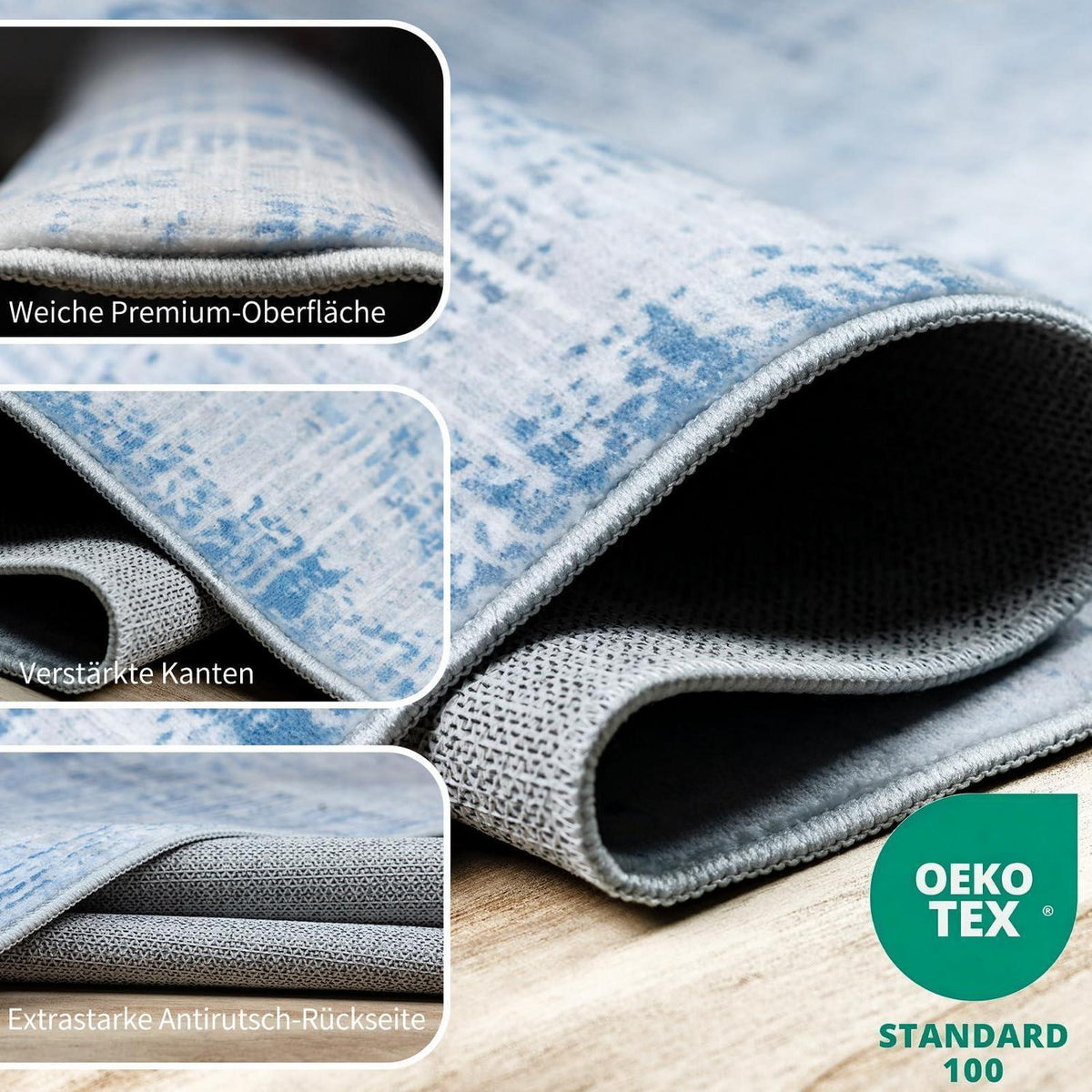 Blauer Teppich 200x300cm – Waschbar, Modern, Kurzflor