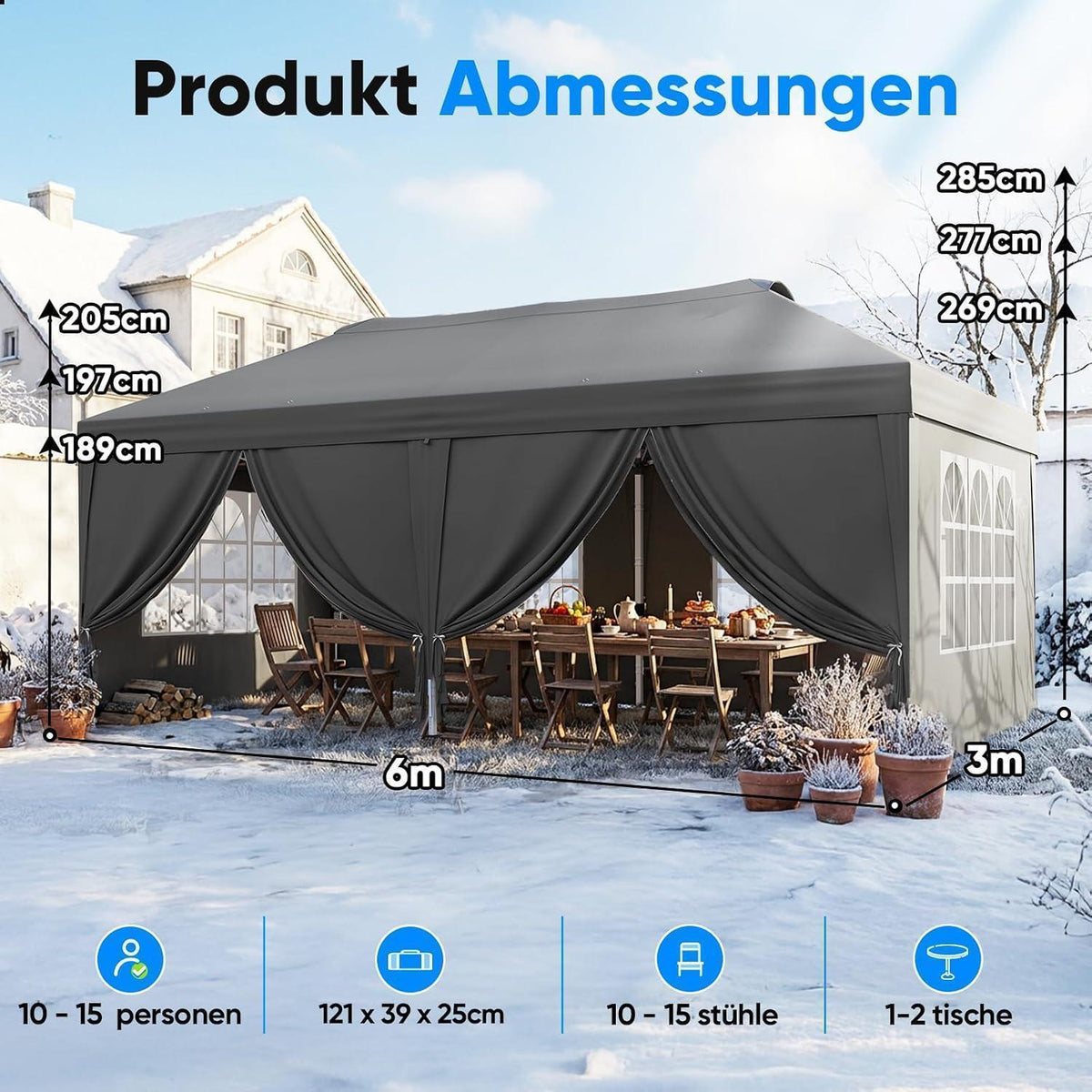 Faltpavillon 3x6m mit Seitenwänden & UV-Schutz