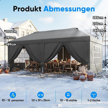 Faltpavillon 3x6m mit Seitenwänden & UV-Schutz