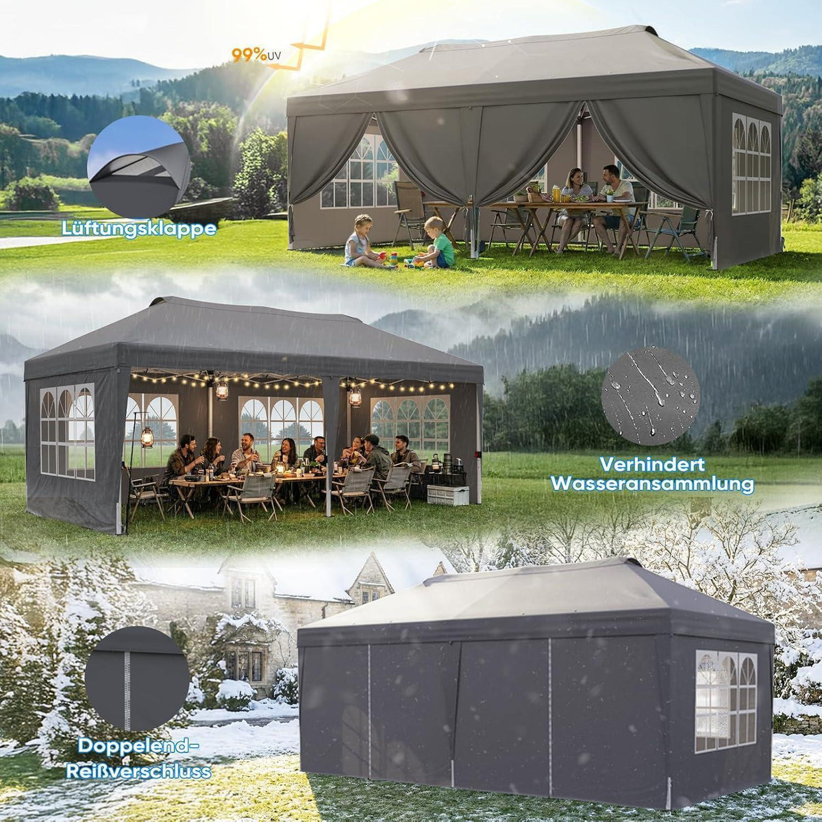 Faltpavillon 3x6m mit Seitenwänden & UV-Schutz