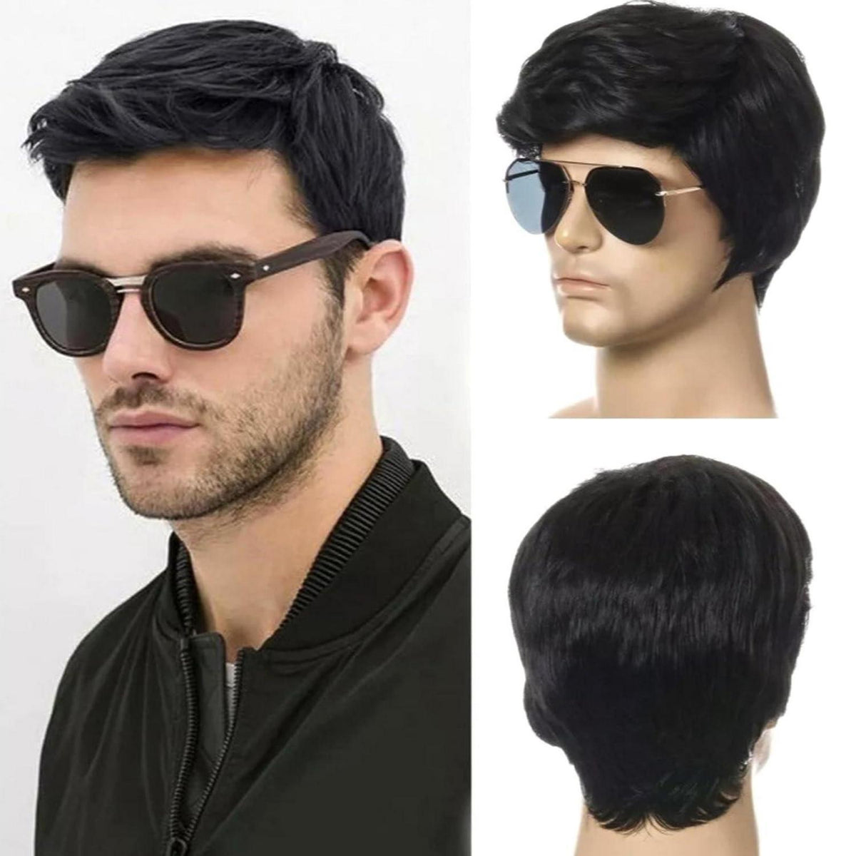Herren Perücke Schwarz Kurz Haare Schichtung Welle Halloween Party