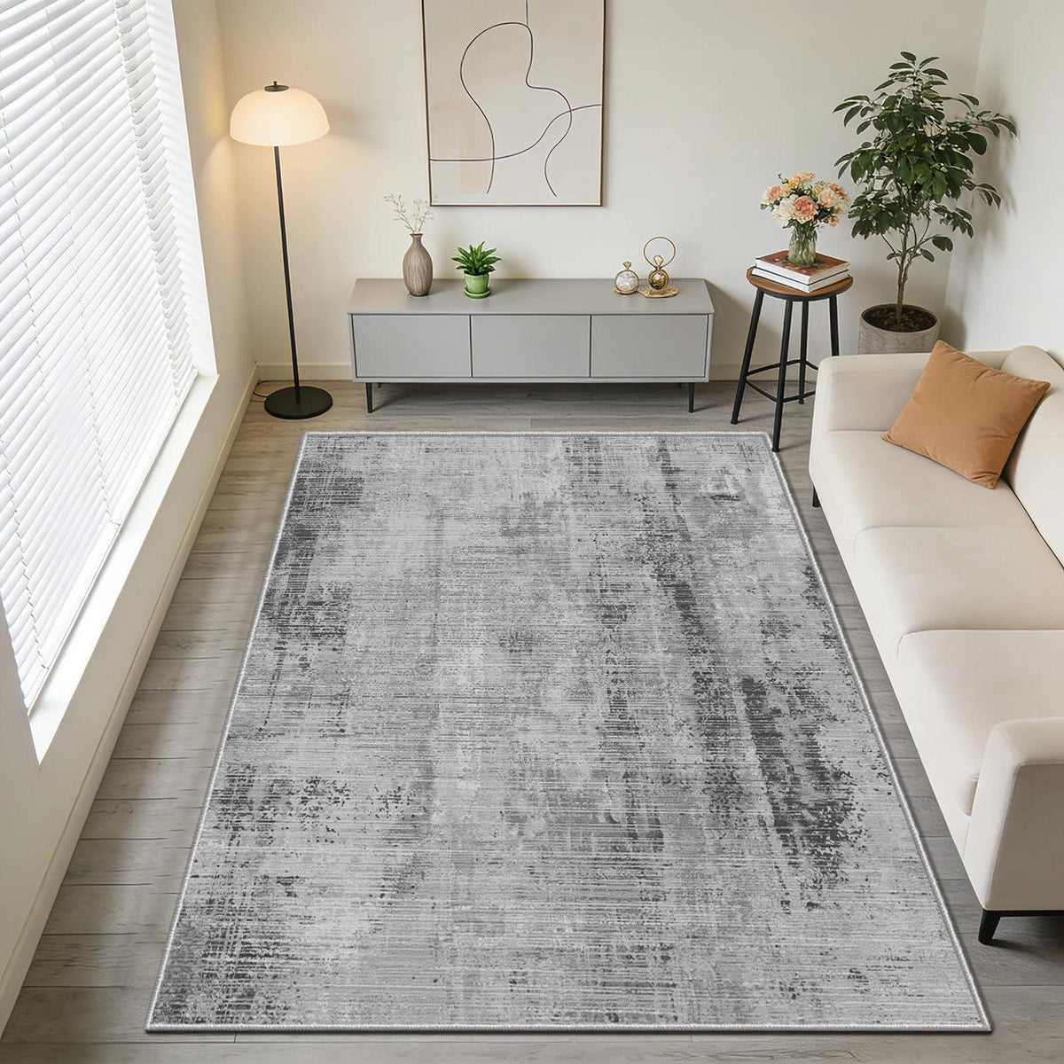 Grauer abstrakter Teppich 140x200cm – Waschbar, Rutschfest & Modern