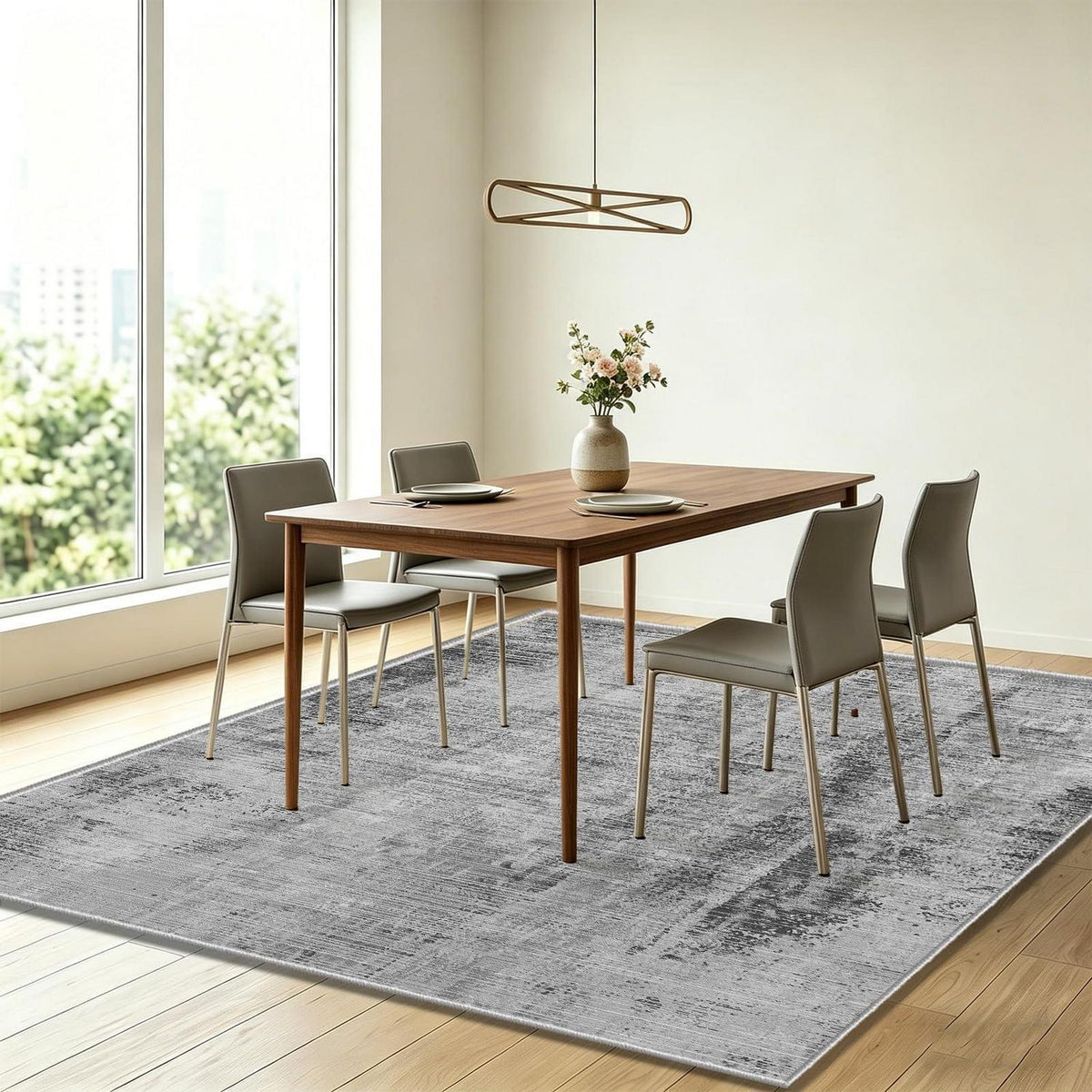 Grauer abstrakter Teppich 140x200cm – Waschbar, Rutschfest & Modern