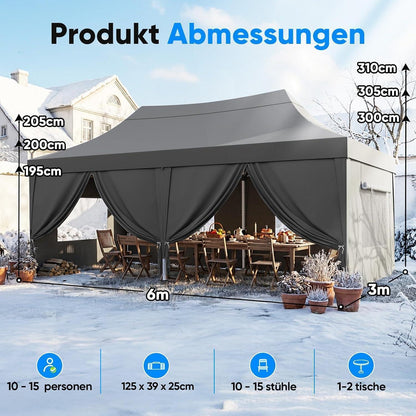 Faltpavillon 3x6m wasserdicht – Partyzelt mit Seitenwänden