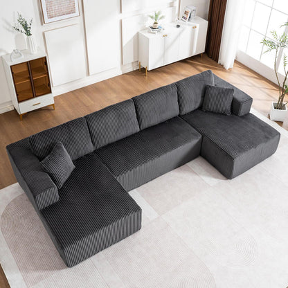 Modernes U-Sofa 4-Sitzer mit Kissen, Grau, Cord Stoff, Kein Aufbau
