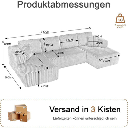 Modernes U-Sofa 4-Sitzer mit Kissen, Grau, Cord Stoff, Kein Aufbau