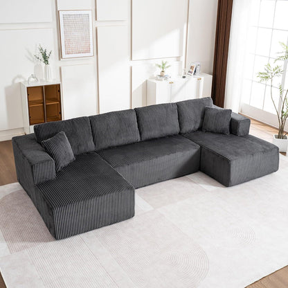 Modernes U-Sofa 4-Sitzer mit Kissen, Grau, Cord Stoff, Kein Aufbau
