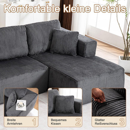 Modernes U-Sofa 4-Sitzer mit Kissen, Grau, Cord Stoff, Kein Aufbau