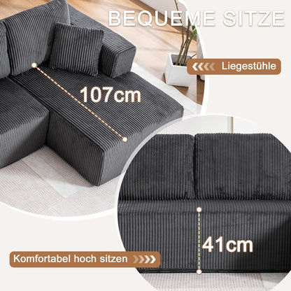 Modernes U-Sofa 4-Sitzer mit Kissen, Grau, Cord Stoff, Kein Aufbau