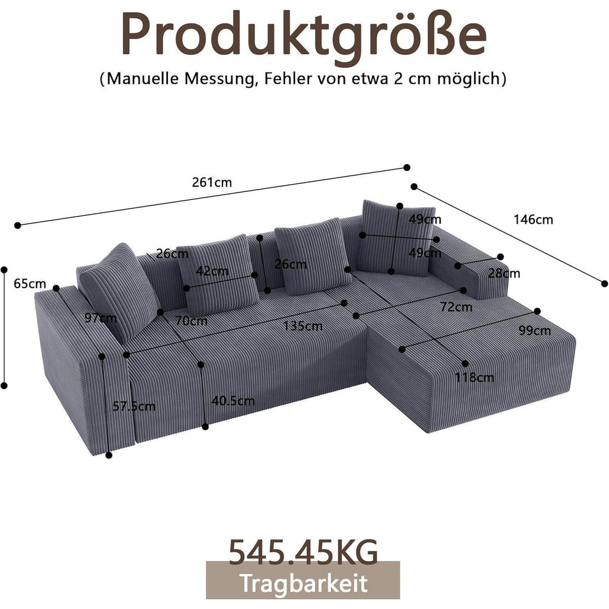 Modernes 3-Sitzer Sofa mit Liegefunktion & Kissen (Grau)