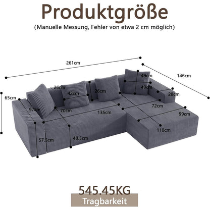 Modernes 3-Sitzer Sofa mit Liegefunktion & Kissen (Grau)