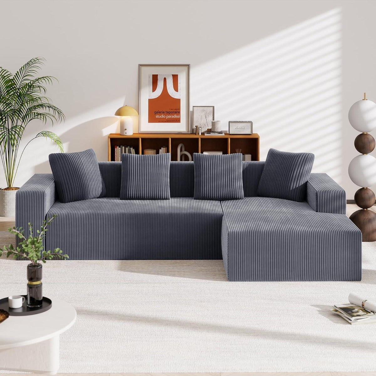 Modernes 3-Sitzer Sofa mit Liegefunktion & Kissen (Grau)
