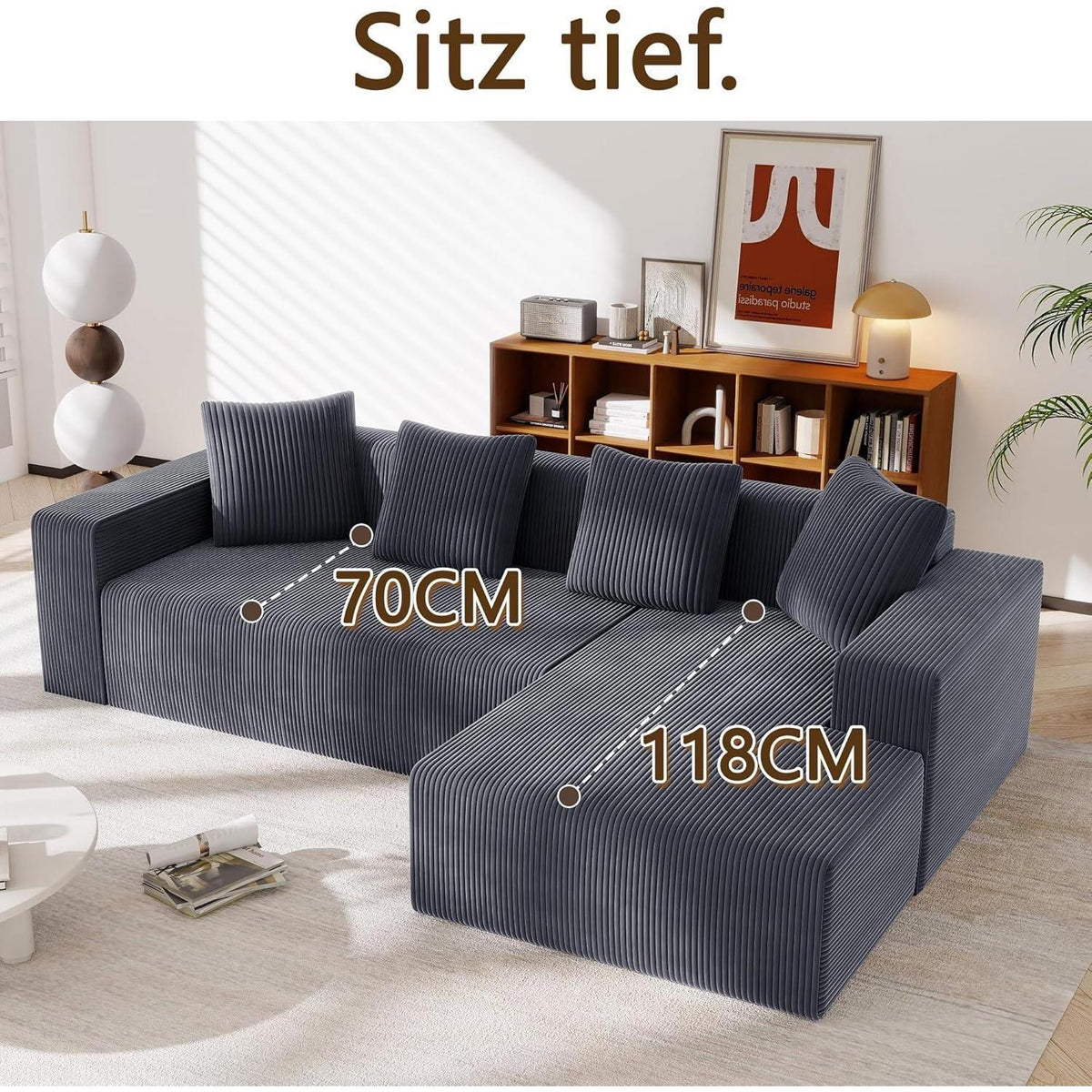 Modernes 3-Sitzer Sofa mit Liegefunktion & Kissen (Grau)