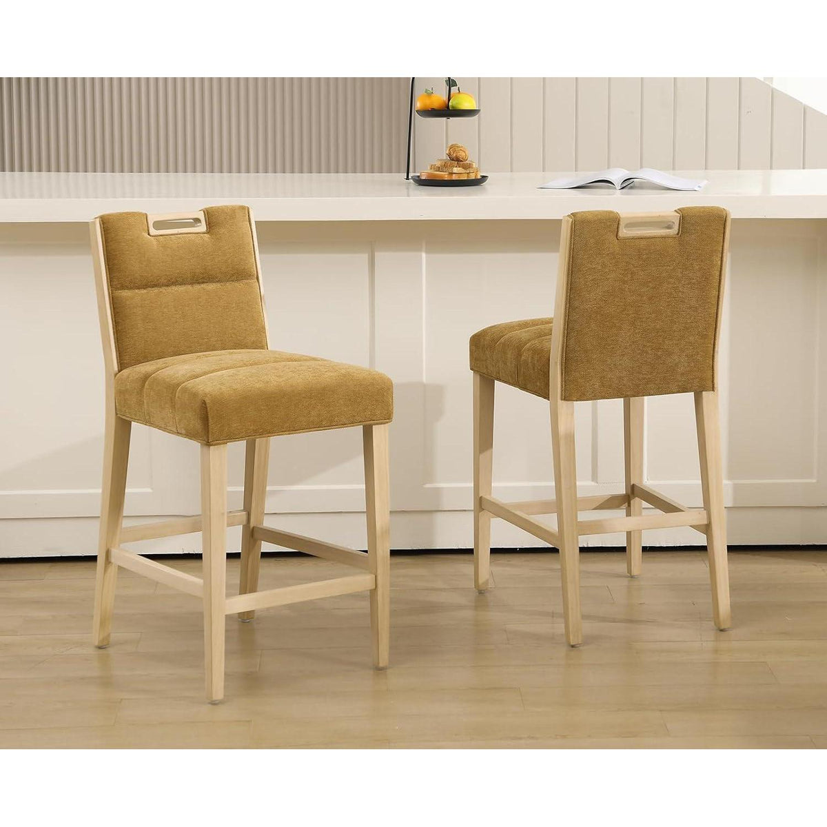 Barhocker 2er Set mit Chenille, Griff & Fußstütze – Gelb