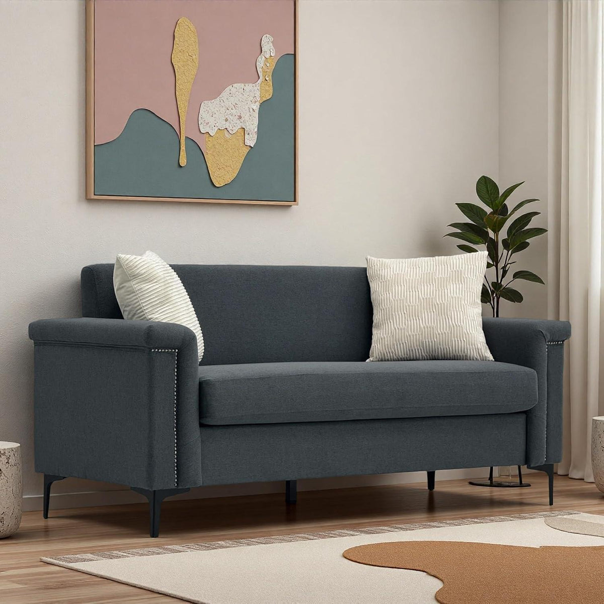 Kompaktes 2-Sitzer Sofa Dunkelgrau – Modernes Leinen Design
