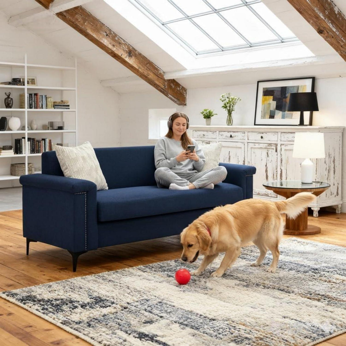 Kleine 2-Sitzer Couch Blau – Modernes Leinen Sofa für Wohnzimmer